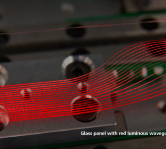 Glass panel with red luminous waveguide, Fraunhofer IZM