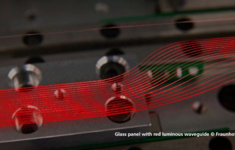 Glass panel with red luminous waveguide, Fraunhofer IZM