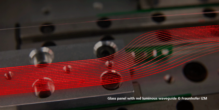 Glass panel with red luminous waveguide, Fraunhofer IZM