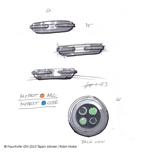 Skizzen des neu erfundenen Smartphones der Zukunft: MODEST ARCH 
© Fraunhofer IZM 2023: Tapani Jokinen & Robin Hoske