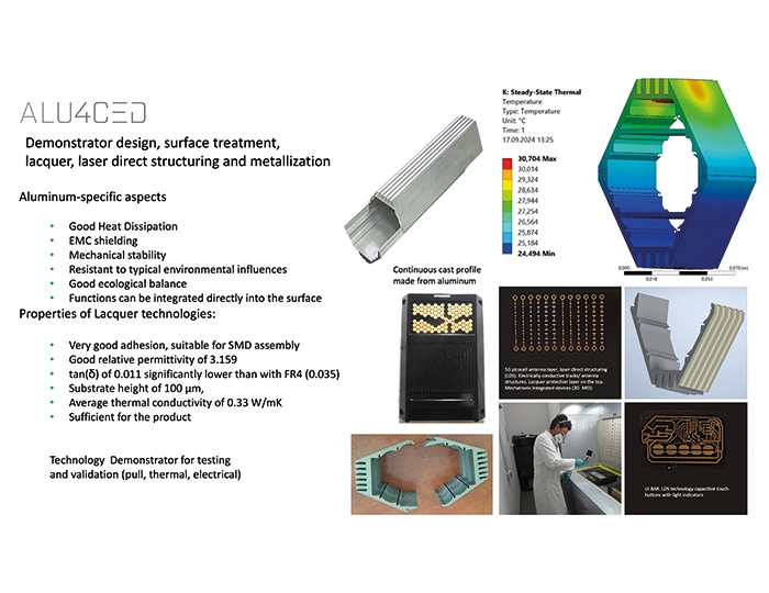 Technologiedemonstrator für Tests und Validierung (Zugfestigkeit, thermische Eigenschaften, elektrische Eigenschaften) – Verschiedene Ansichten der LDS-Strukturierung, Aluminiumgussprofile, thermische Tests und Labortests | © Fraunhofer IEM