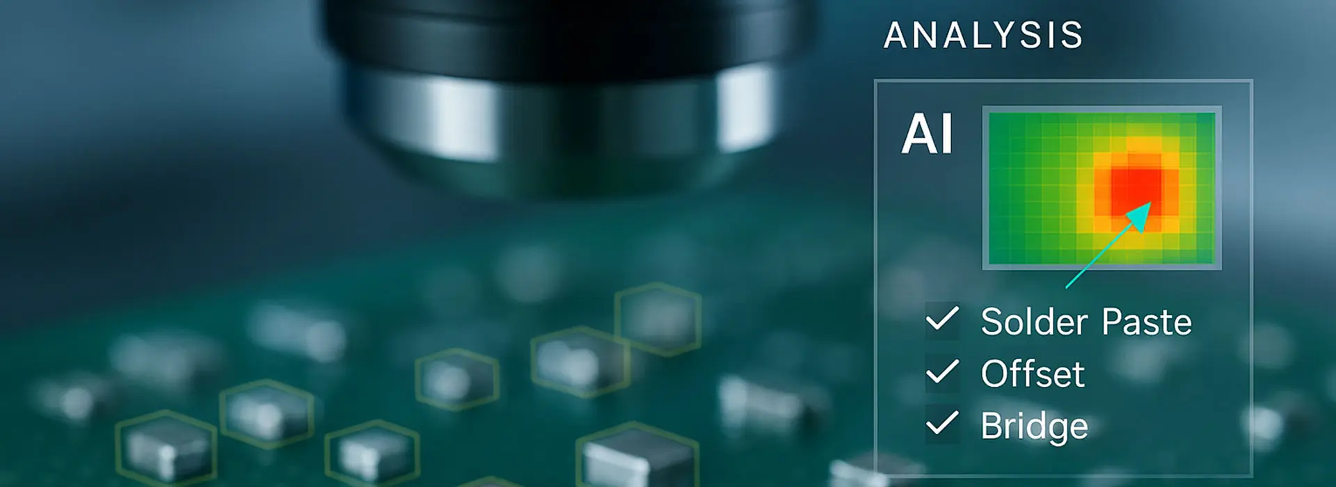 Visualisierung der SMD Bestückung mit KI; Leiterplatte, Mikroskop, Text