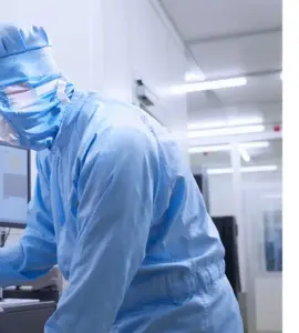 Person in Reinraum am Computer in Schutzanzug, Logos APECS, Chips Ju & European Union