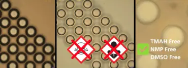 Three SEM images of a patterned wafer; superimposed hazardous substance pictograms crossed out in red; on the right, a green checkmark with the label “TMAH Free, NMP Free, DMSO Free” as a symbol for a lower-hazard alternative.