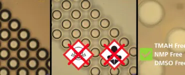 Three SEM images of a patterned wafer; superimposed hazardous substance pictograms crossed out in red; on the right, a green checkmark with the label “TMAH Free, NMP Free, DMSO Free” as a symbol for a lower-hazard alternative.