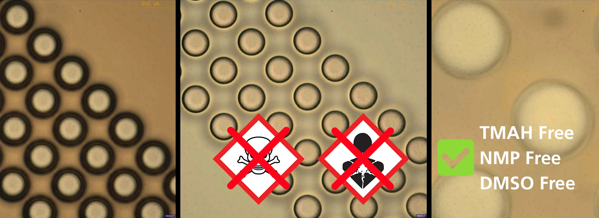 Three SEM images of a patterned wafer; superimposed hazardous substance pictograms crossed out in red; on the right, a green checkmark with the label “TMAH Free, NMP Free, DMSO Free” as a symbol for a lower-hazard alternative.