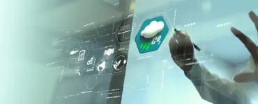 A person is using a transparent, futuristic touchscreen display featuring weather icons and data readouts