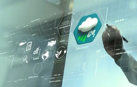 A person is using a transparent, futuristic touchscreen display featuring weather icons and data readouts