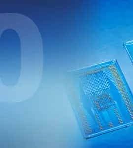 Split cover image: On the left, a silhouette of Joseph von Fraunhofer. On the right, modern glass interposers with integrated conductor structures against a blue background.