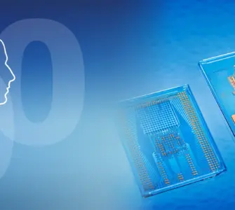 Split cover image: On the left, a silhouette of Joseph von Fraunhofer. On the right, modern glass interposers with integrated conductor structures against a blue background.
