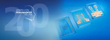 Split cover image: On the left, a silhouette of Joseph von Fraunhofer. On the right, modern glass interposers with integrated conductor structures against a blue background.