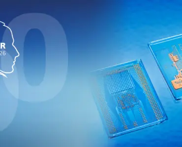 Split cover image: On the left, a silhouette of Joseph von Fraunhofer. On the right, modern glass interposers with integrated conductor structures against a blue background.