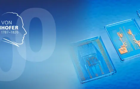 Split cover image: On the left, a silhouette of Joseph von Fraunhofer. On the right, modern glass interposers with integrated conductor structures against a blue background.