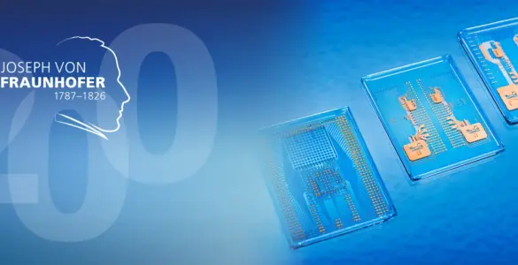 Split cover image: On the left, a silhouette of Joseph von Fraunhofer. On the right, modern glass interposers with integrated conductor structures against a blue background.