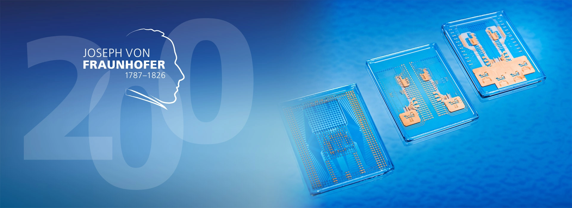 Split cover image: On the left, a silhouette of Joseph von Fraunhofer. On the right, modern glass interposers with integrated conductor structures against a blue background.