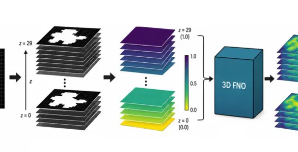 Surrogate diffusion simulation: Starting with a binary 2D mask, a set of random masks is first generated, which are then converted by a neural network into correlated distribution fields (speckle patterns). These fields serve as input for a 3D FDTD simulation model, which generates a stack of 2D intensity images with characteristic wave and interference patterns.