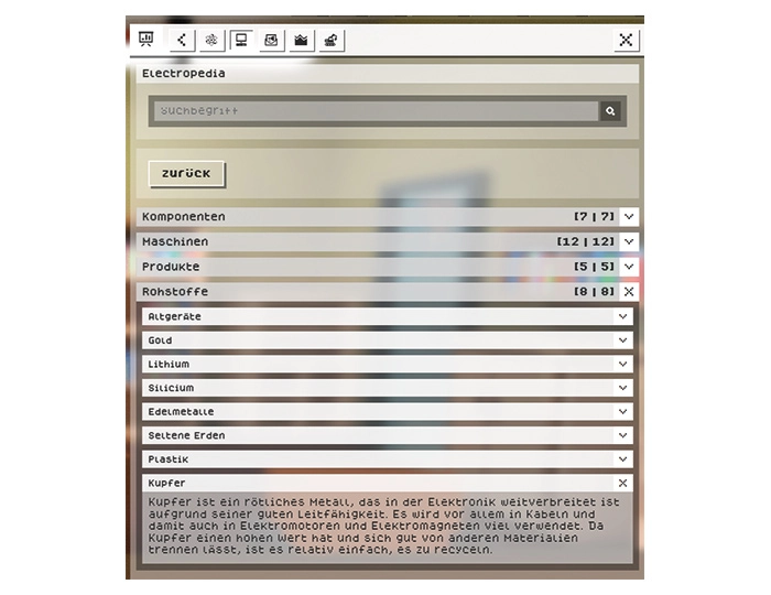 Software-Oberfläche mit dem Titel »Elektropedia«, die ein Menü mit Kategorien (z. B. Anbieter, Komponenten, Mitarbeiter, Produkte) zeigt.