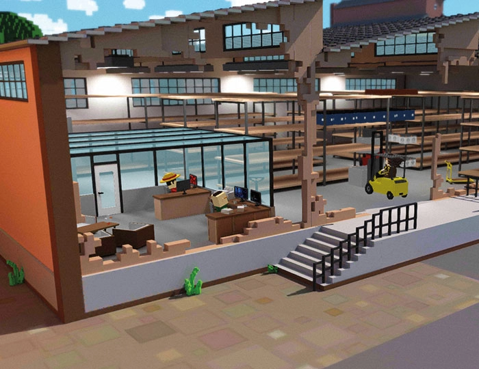 3D-Visualisierung einer Lagerhalle mit Regalsystemen, Treppe und Arbeitsbereichen.