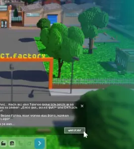 Collage made from a screenshot of the game ICT.factory featuring the »Green ICT @ FMD« logo