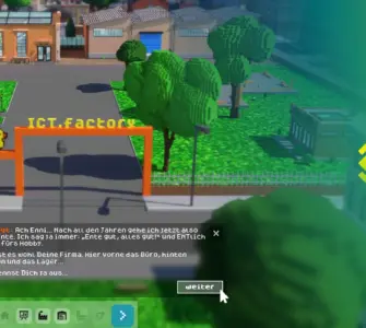Collage made from a screenshot of the game ICT.factory featuring the »Green ICT @ FMD« logo