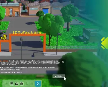 Collage made from a screenshot of the game ICT.factory featuring the »Green ICT @ FMD« logo