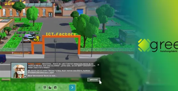 Collage made from a screenshot of the game ICT.factory featuring the »Green ICT @ FMD« logo