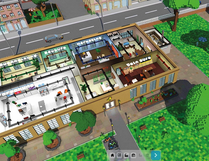 3D-Visualisierung des ICT.factory Büros mit verschiedenen Räumen.
