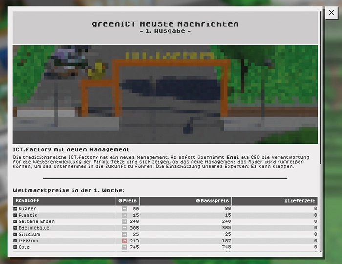 Software-Oberfläche mit dem Titel »greenICT Neueste Nachrichten« mit einem Text für das neue Management der ICT.factory.