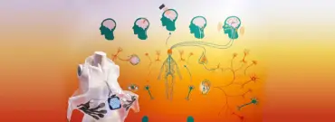 Somatic Circuits installation in front of an orange wall covered with colorful, circuit-like drawings.