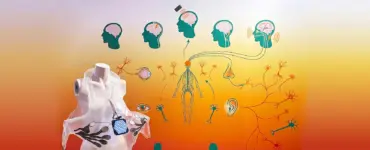 Somatic Circuits installation in front of an orange wall covered with colorful, circuit-like drawings.