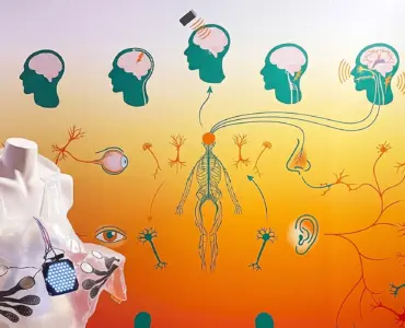Somatic Circuits installation in front of an orange wall covered with colorful, circuit-like drawings.